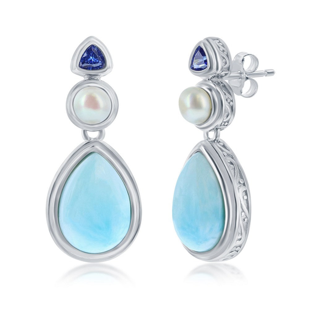 Sterling Silver, Pearshaped Larimar with FWP & Tanzanite CZ Earrings Earrings