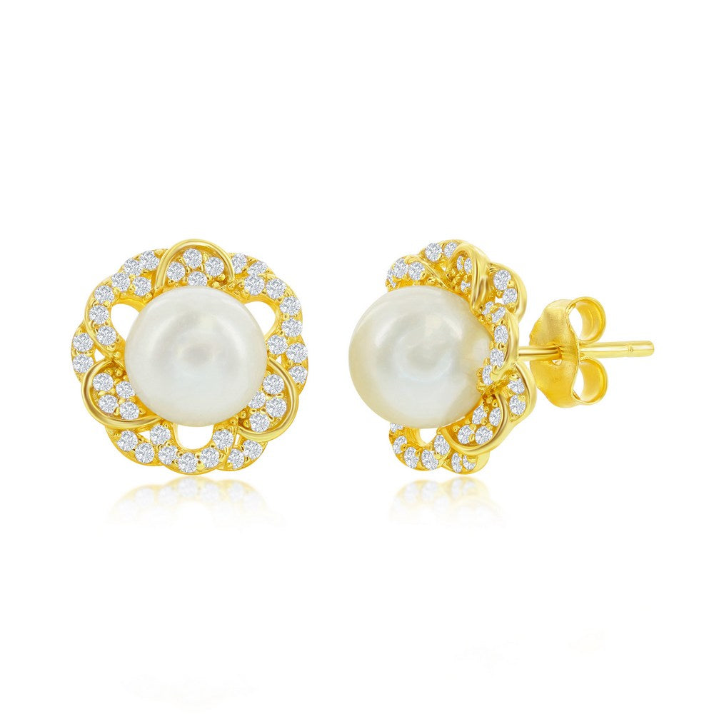 Sterling Silver CZ Flower w/ 7mm Round FWP Stud Earrings - Gold Plated Earrings