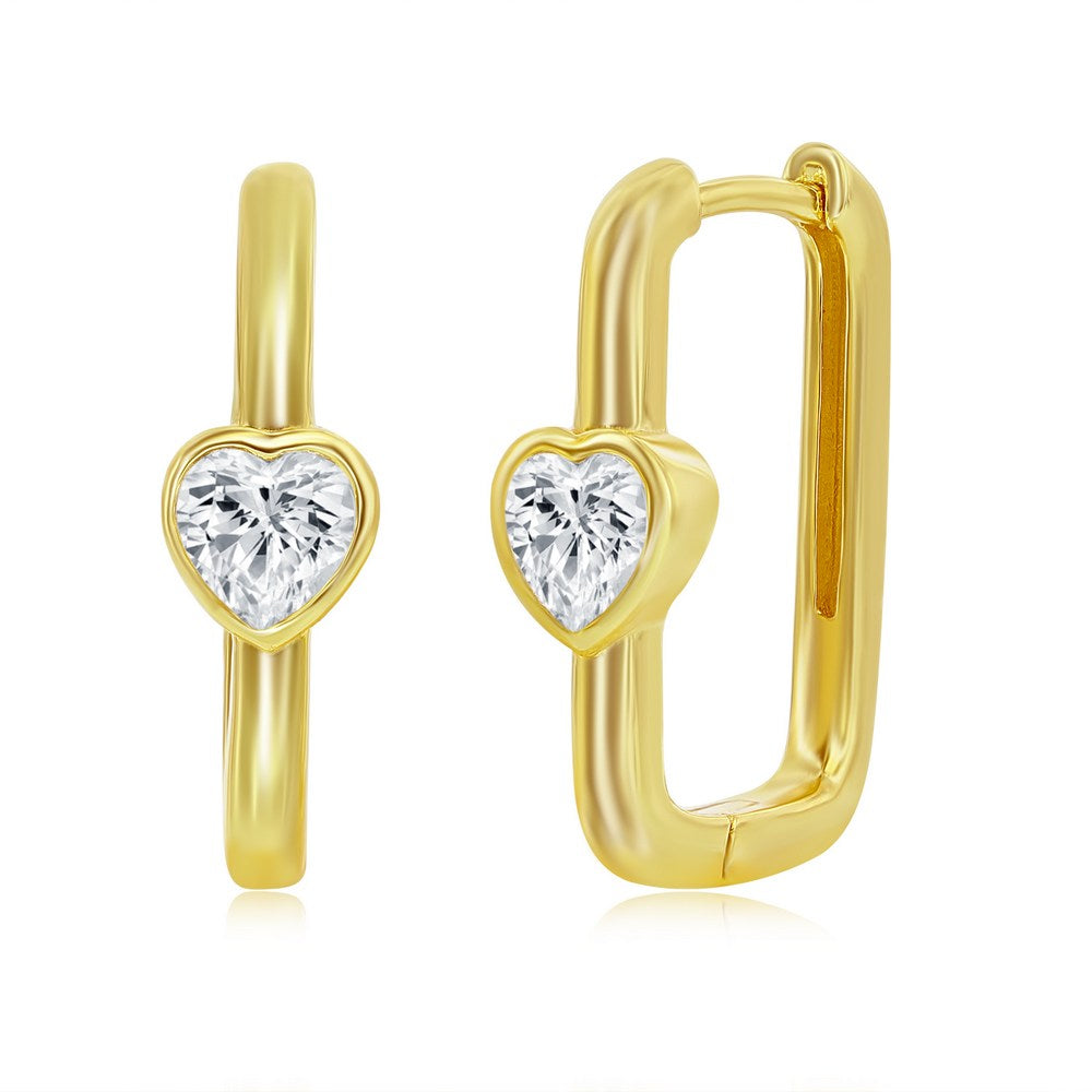 Sterling Silver Heart CZ Rectangle Earrings - Gold Plated Earrings