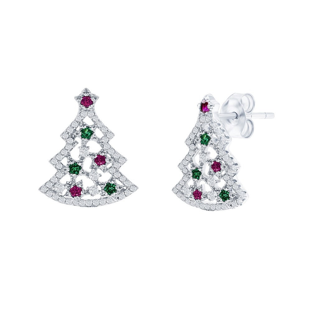 Sterling Silver Green, Red & White Christmass Tree Stud Earrings Earrings