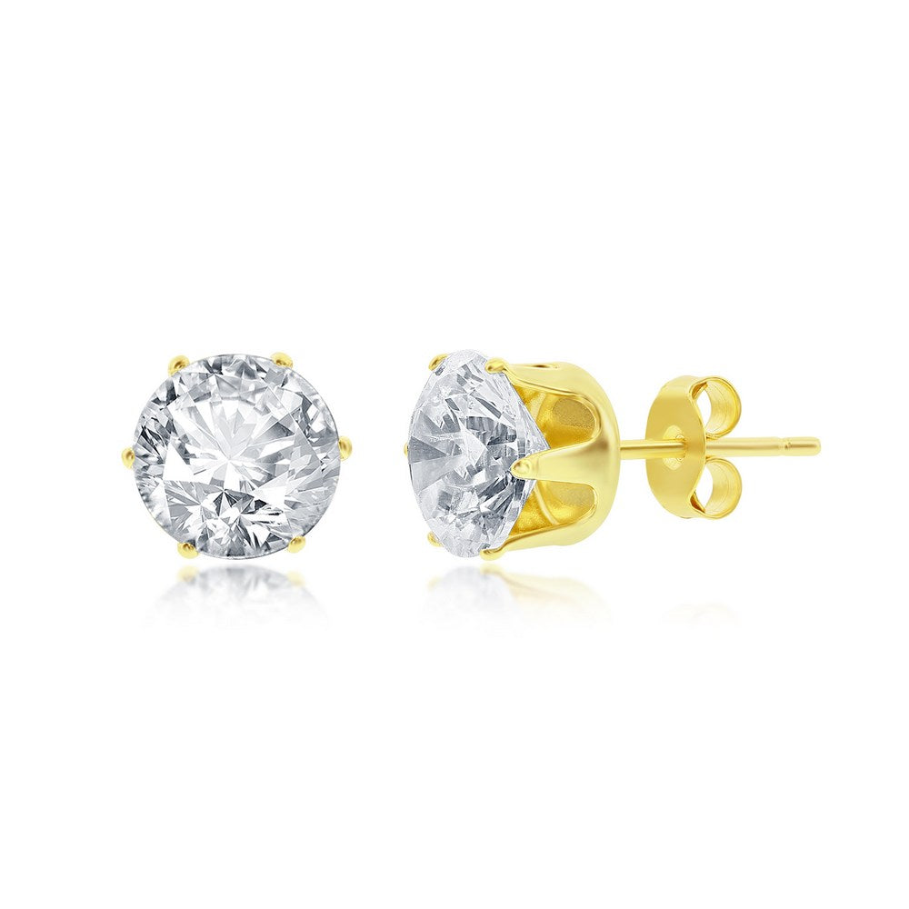 Sterling Silver 8mm Round CZ Stud Earring - Gold Plated Earrings