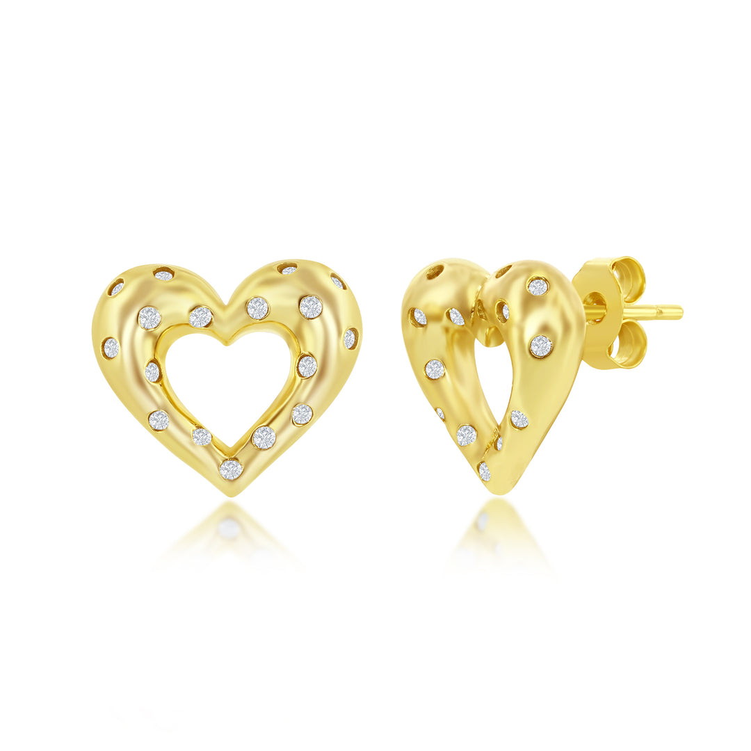 Sterling Silver Flush Set CZ Heart Earrings - Gold Plated Earrings