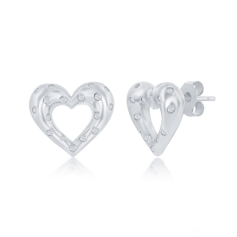 Sterling Silver Flush Set CZ Heart Earrings Earrings