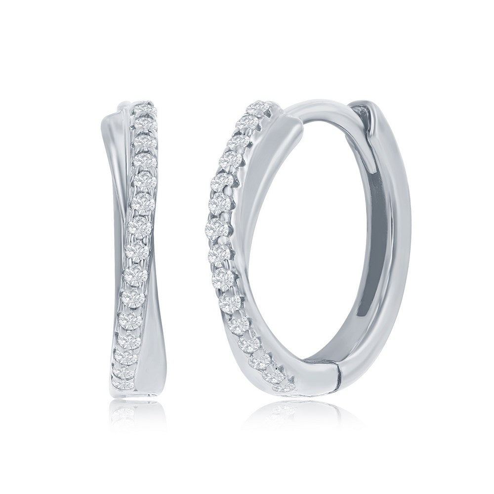 Sterling Silver 'X' Deisgn CZ 15mm Huggie Hoop Earrings Earrings