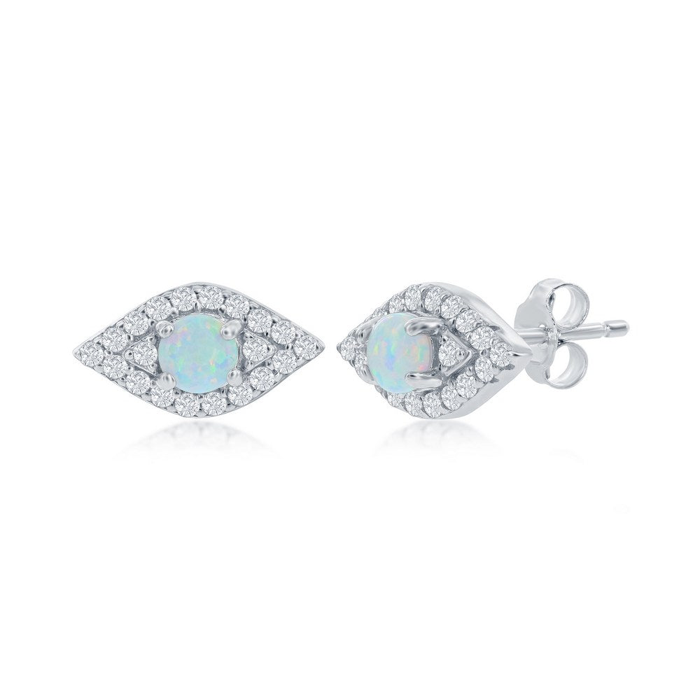 Sterling Silver White Opal & CZ Evil Eye Stud Earrings Earrings