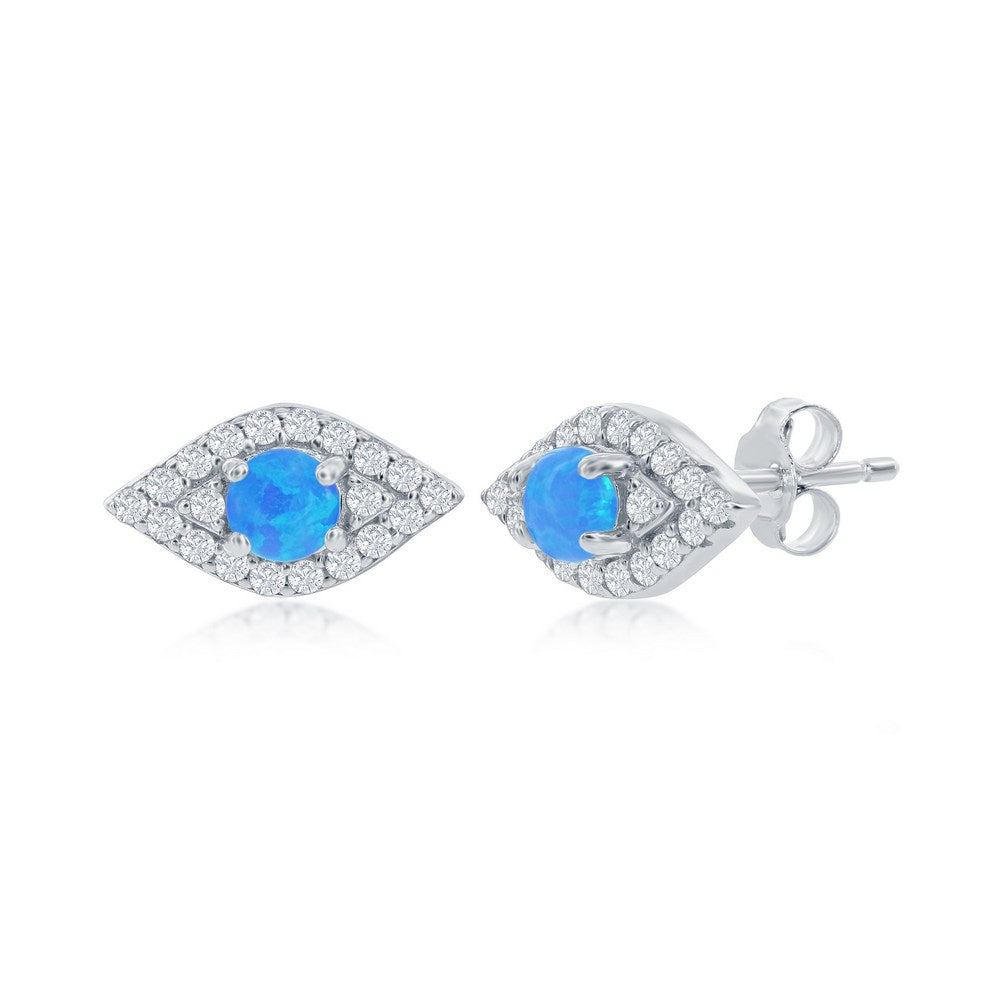 Sterling Silver Blue Opal & CZ Evil Eye Stud Earrings Earrings