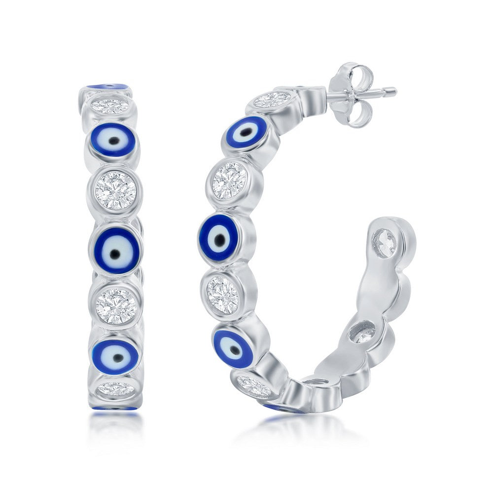 Sterling Silver Alternating CZ & Navy Enamel Evil Eye 20mm Hoop Earrings Earrings