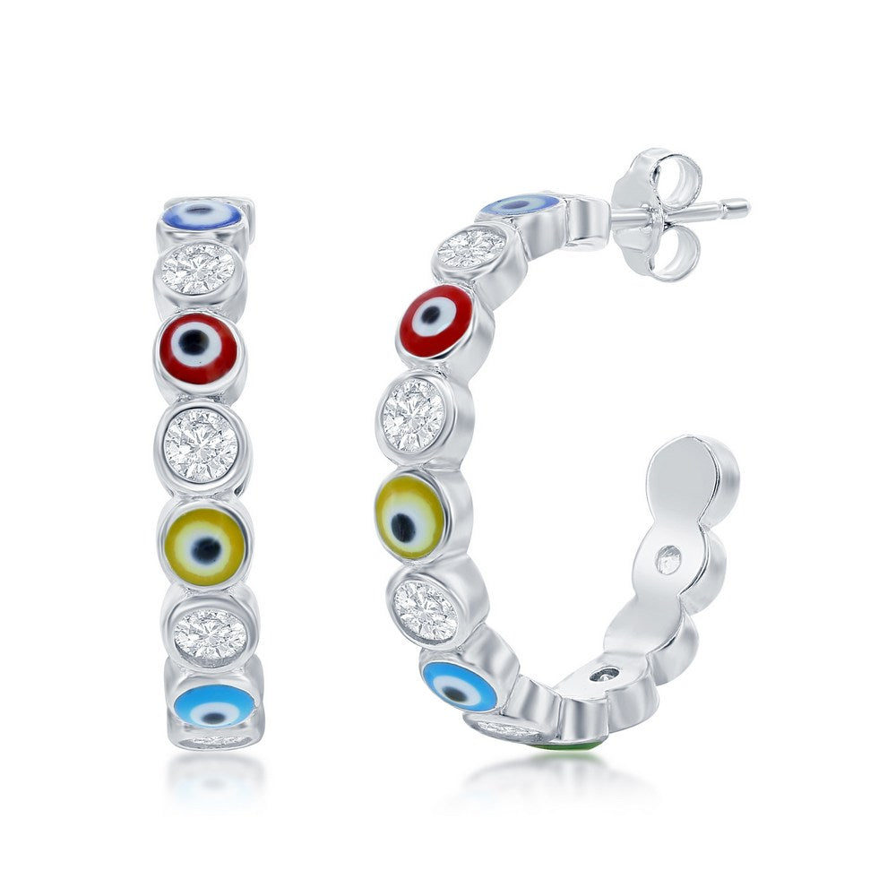 Sterling Silver Alternating CZ & Multi-Color Enamel Evil Eye 20mm Hoop Earrings Earrings