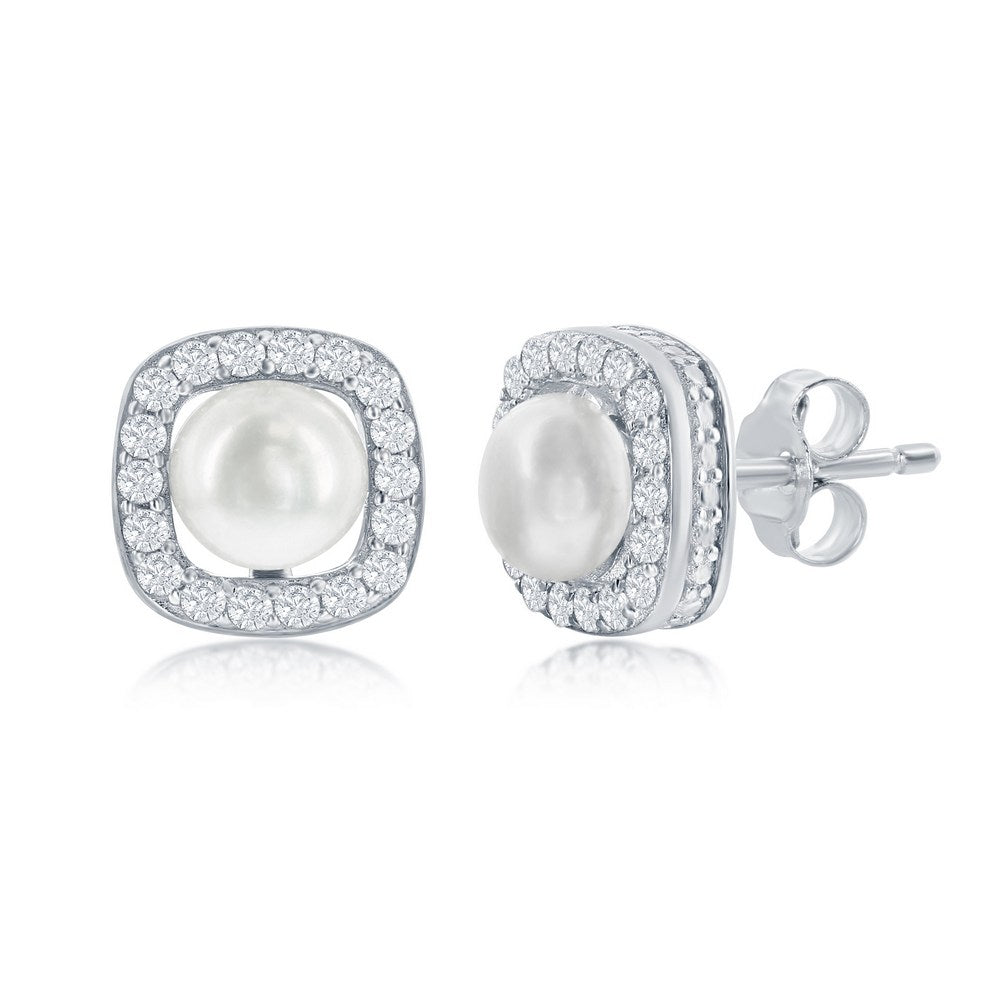 Sterling Silver Round Pearl, CZ Border Stud Earrings Earrings