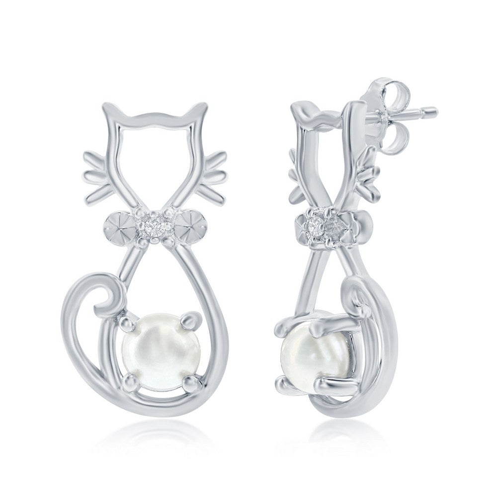 Sterling Silver Pearl & CZ Cat Earrings Earrings