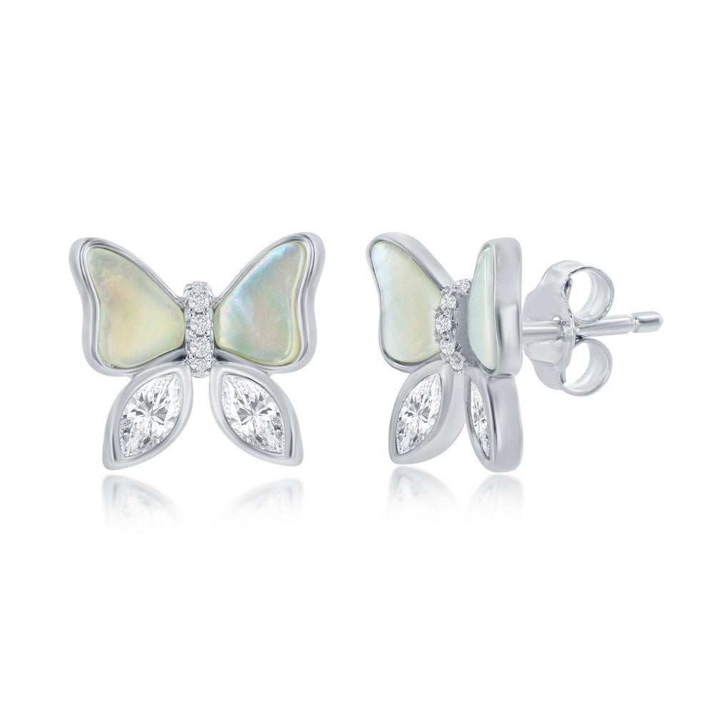 Sterling Silver MOP and CZ Butterfly Stud Earrings Earrings