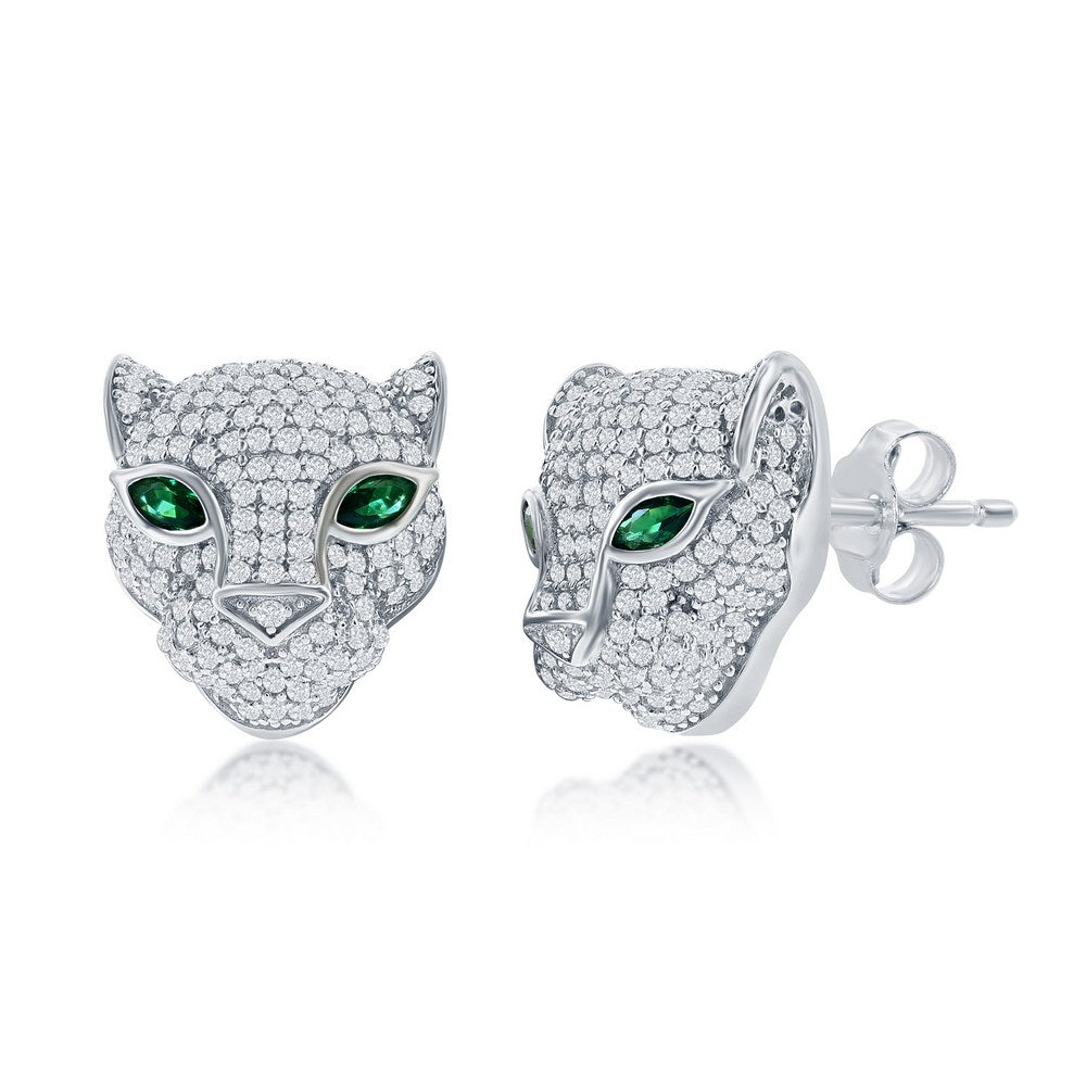 Sterling Silver 15mm CZ Panther w/ Emerald CZ Eyes Stud Earrings Earrings