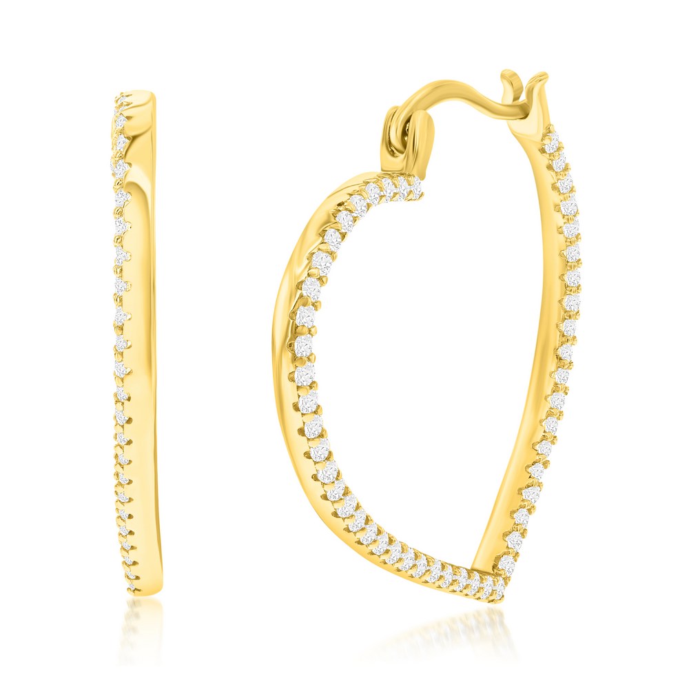 Sterling Silver, CZ Heart 25MM Hoop Earrings - Gold Plated Earrings