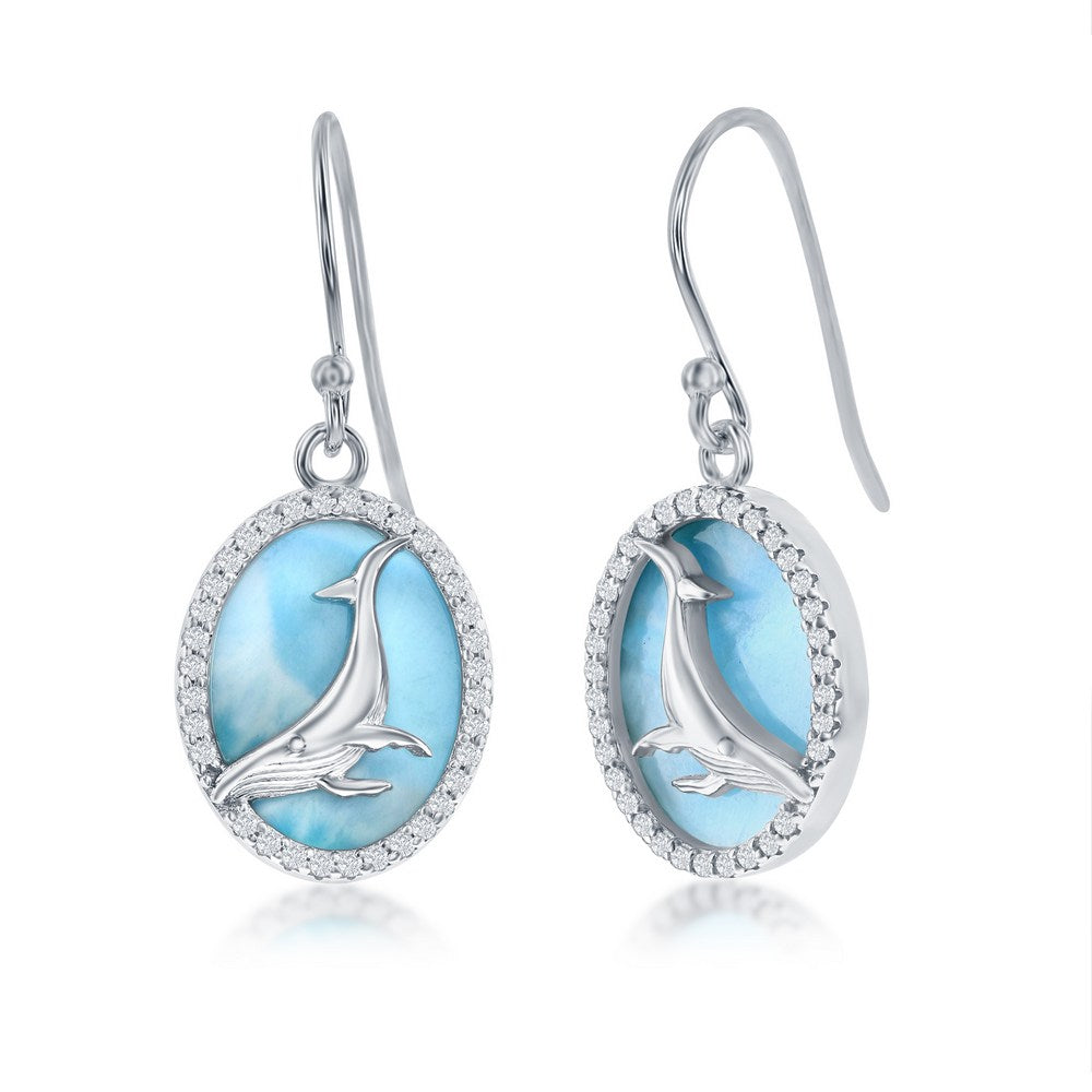 Sterling Silver Larimar w/ Center Whale and CZ Outline Oval Earrings Earrings