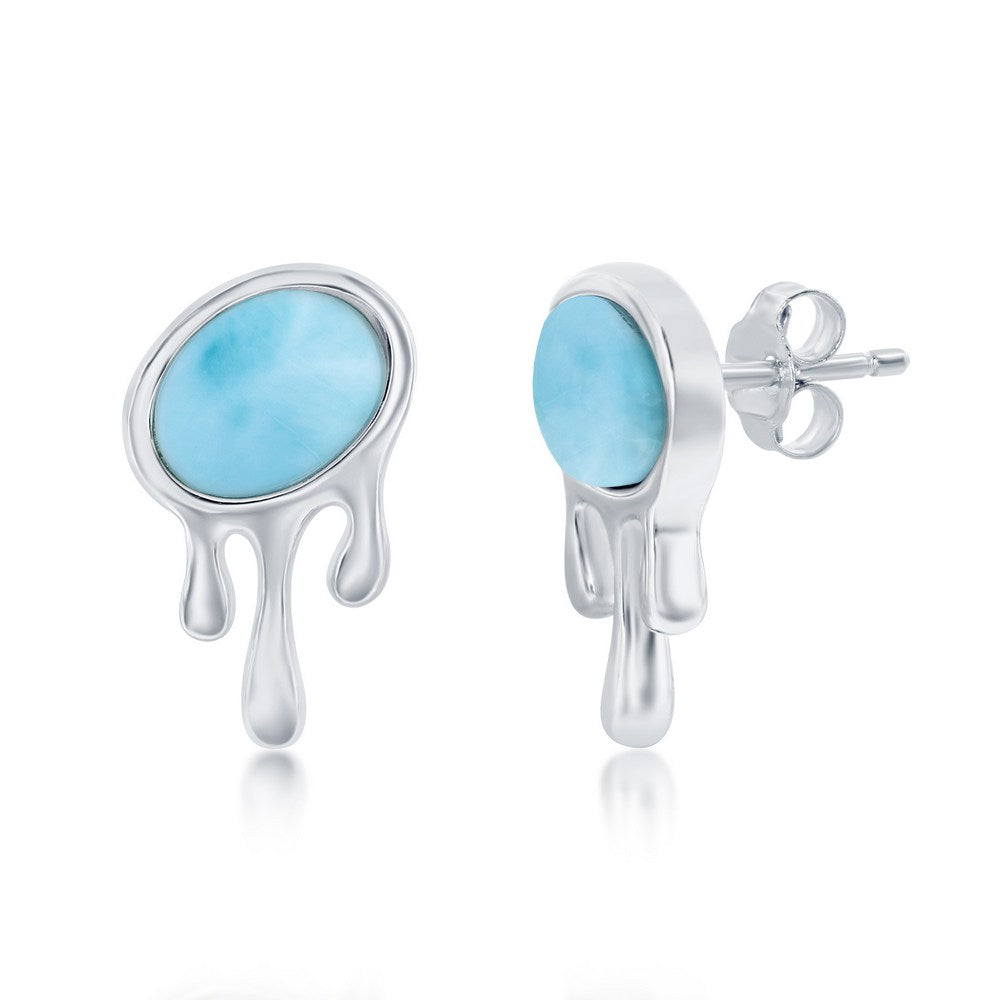 Sterling Silver Oval Larimar, Dripping Design Stud Earrings Earrings