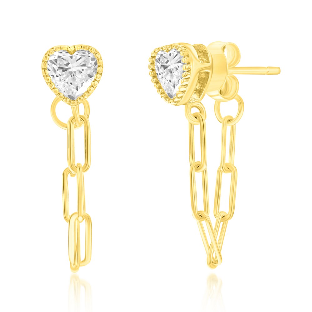 Sterling Silver Heart CZ Paperclip Earrings - Gold Plated Earrings