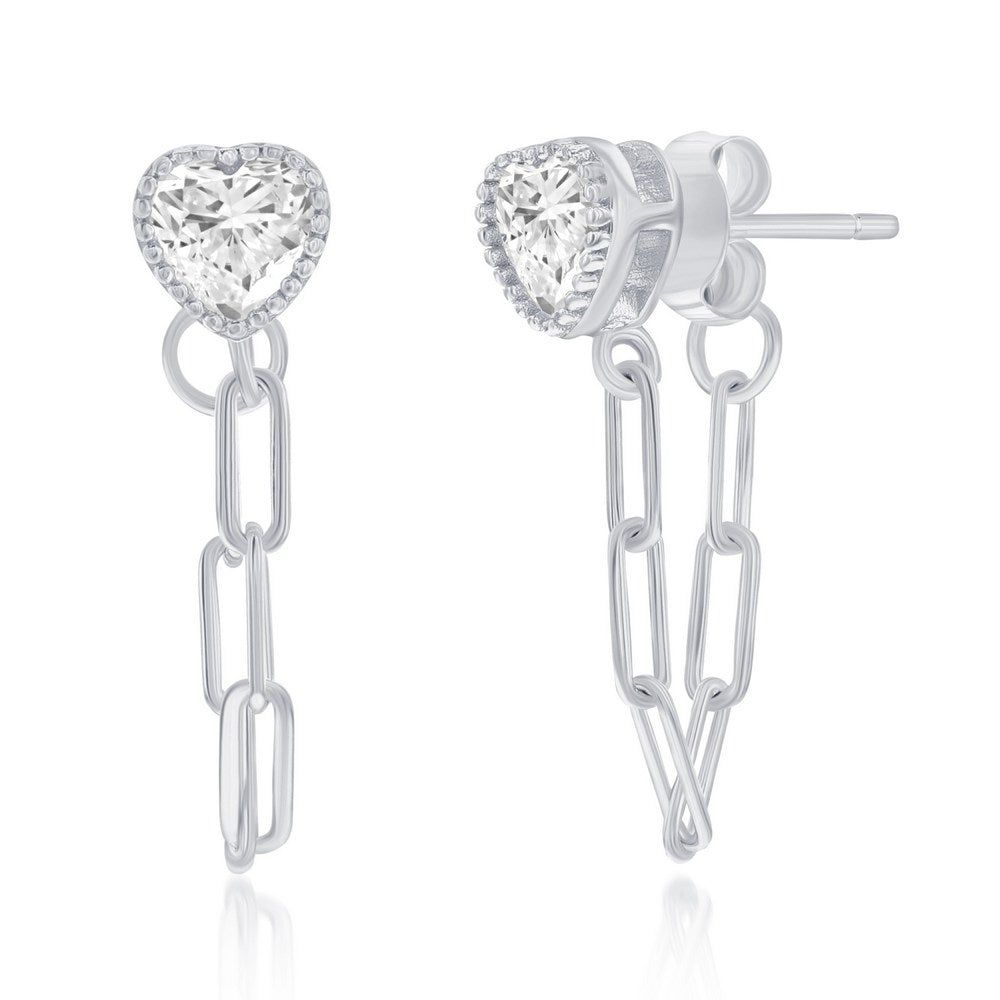 Sterling Silver Heart CZ Paperclip Stud Earrings Earrings