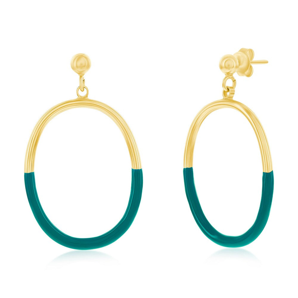 Sterling Silver, Petrolio Enamel Oval Earrings - Gold Plated Earrings