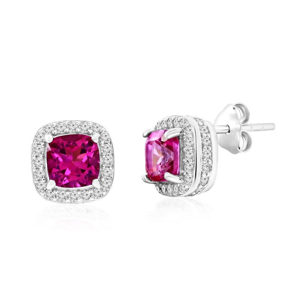 Sterling Silver Square Pink & White Topaz Studs Earrings