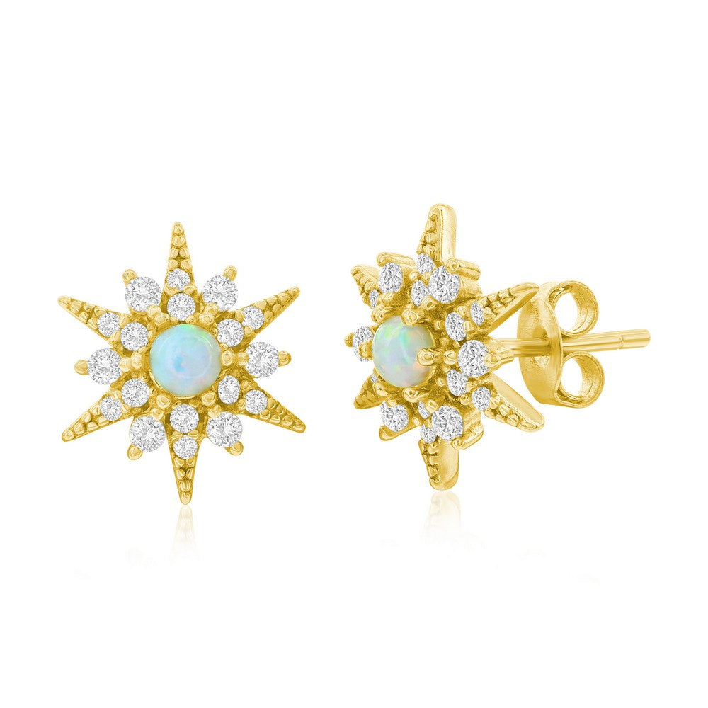 Sterling Silver White Opal Sunburst CZ Stud Earrings - Gold Plated Earrings