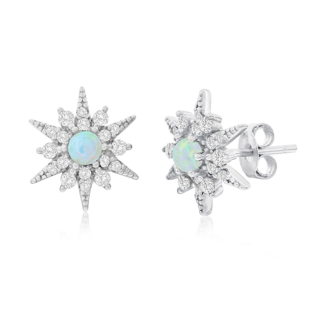 Sterling Silver White Opal Sunburst CZ Stud Earrings Earrings