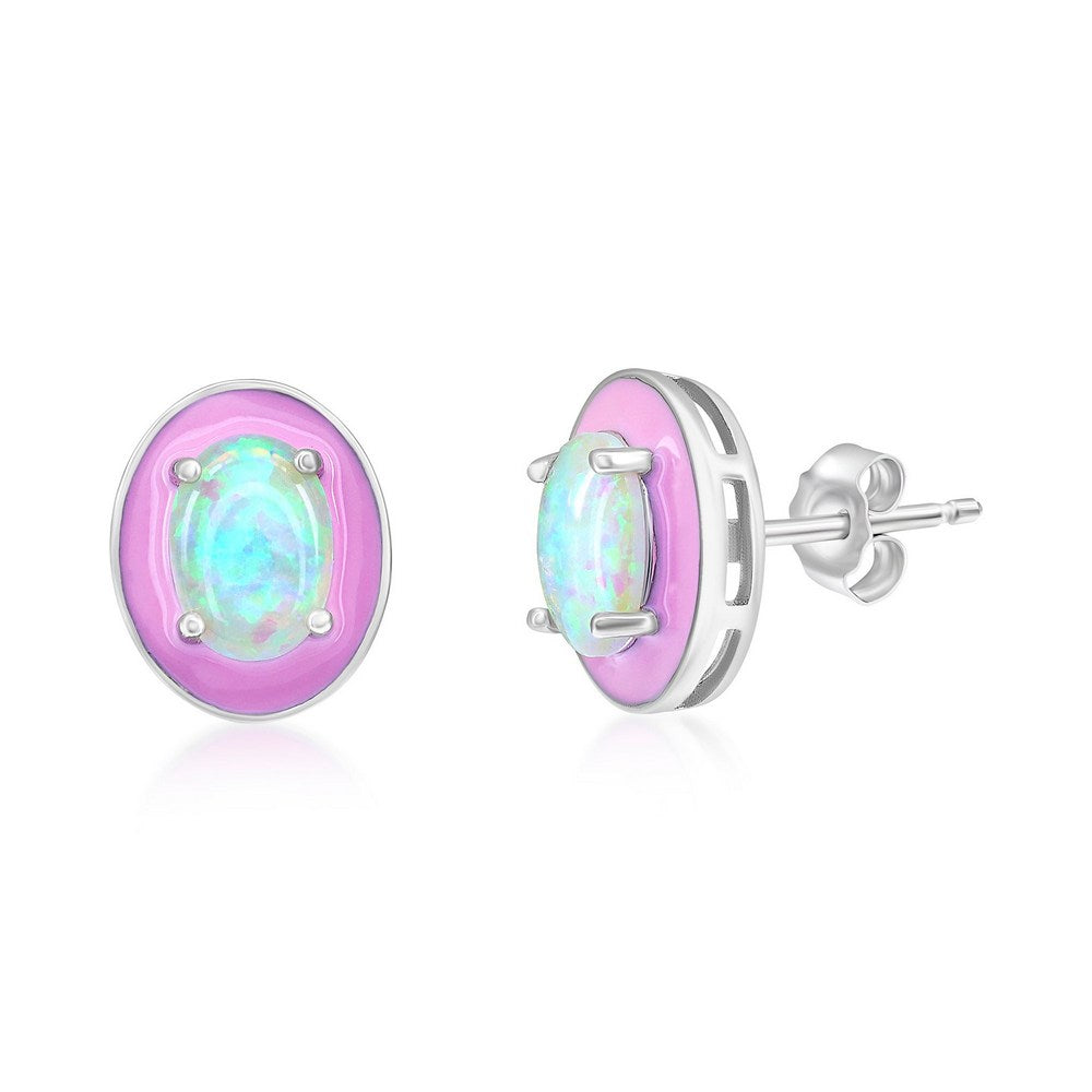 Sterling Silver White Opal & Pink Enamel Oval Studs Earrings