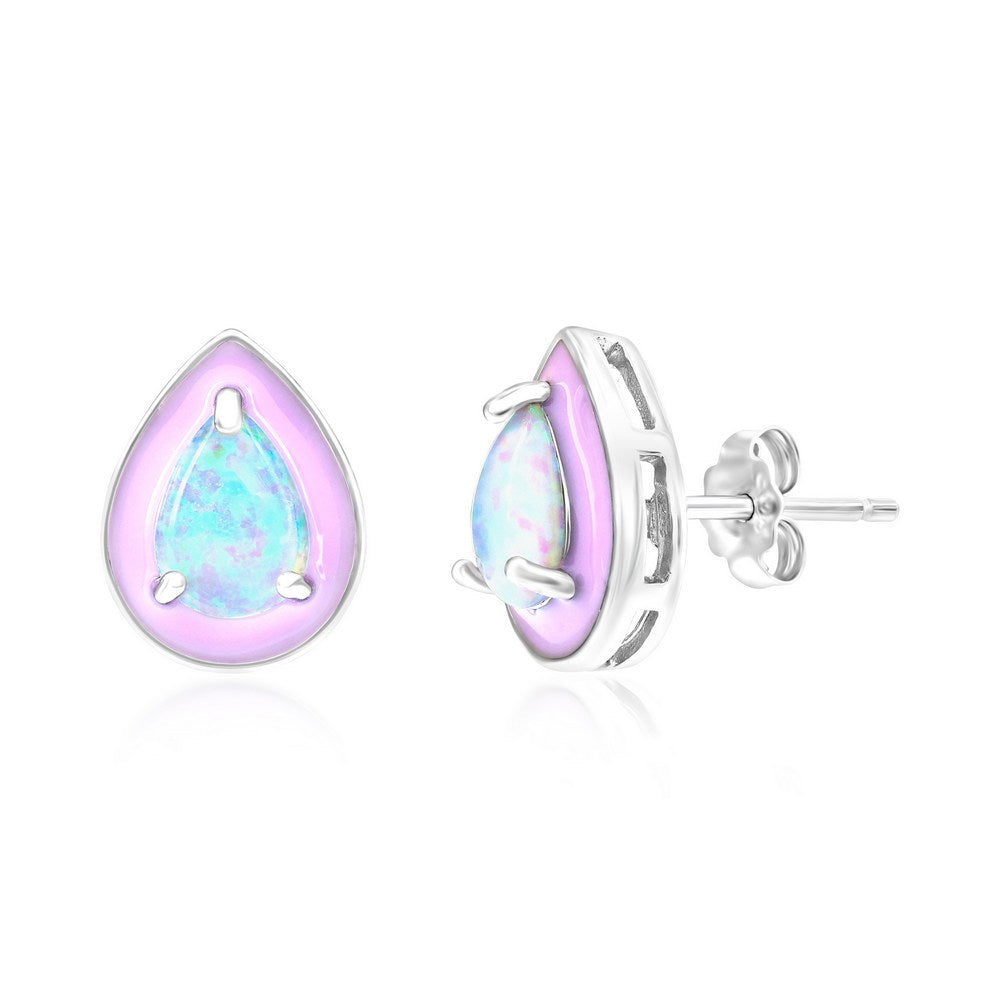 Sterling Silver White Opal & Pink Enamel Pearshaped Studs Earrings