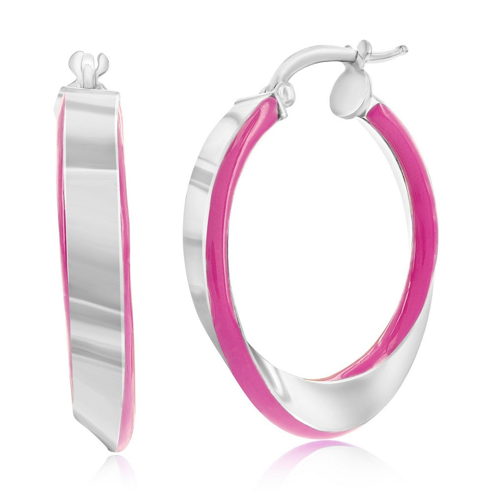 Sterling Silver, Rose Violet Enamel Twist Hoop Earrings Earrings