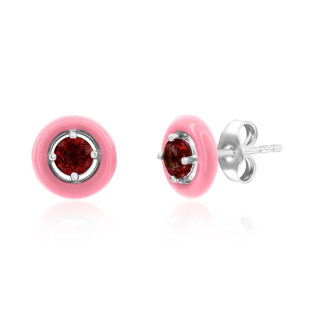 Sterling Silver Enamel & Gemstone Halo Studs - Garnet Earrings