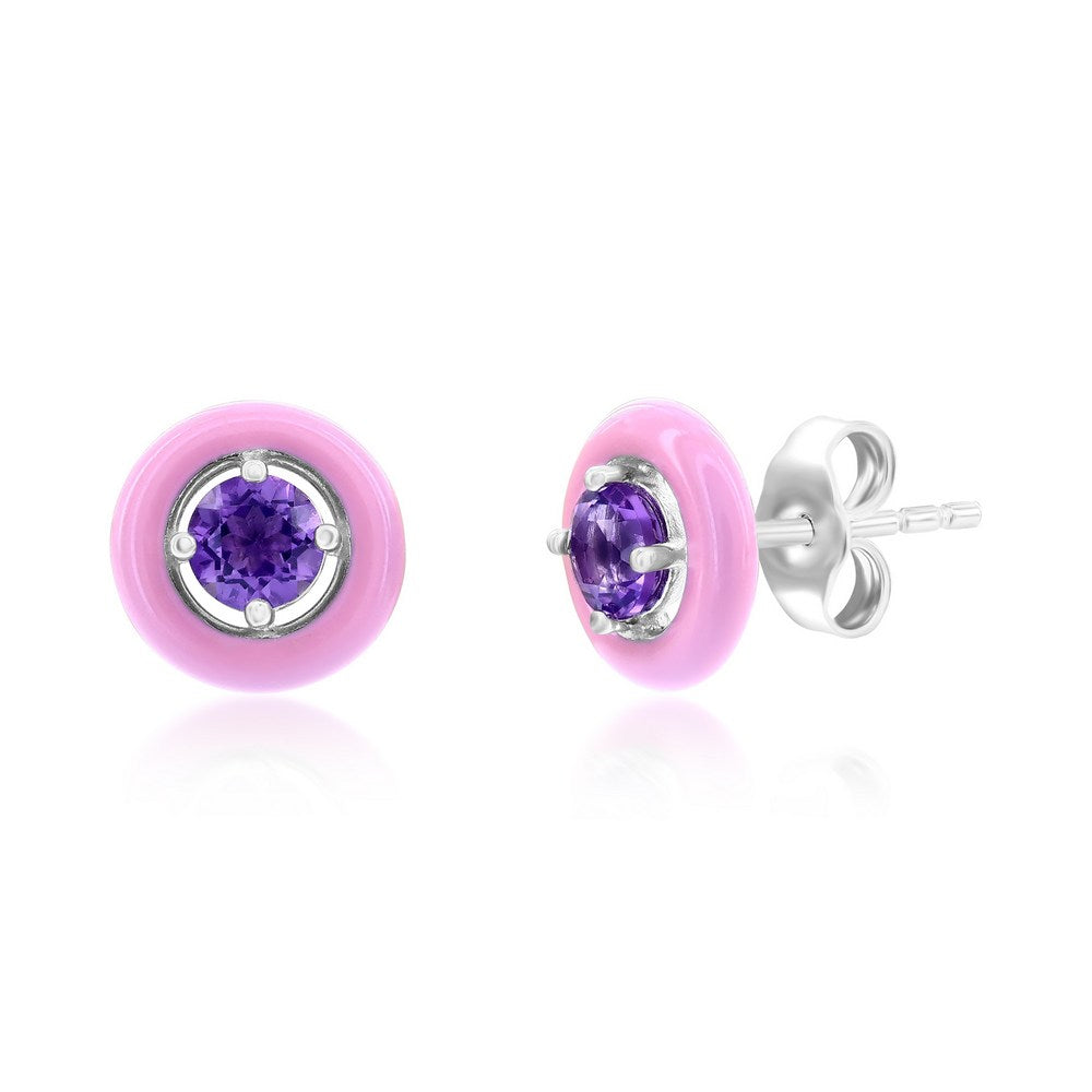 Sterling Silver Enamel & Gemstone Halo Studs - Amethyst Earrings