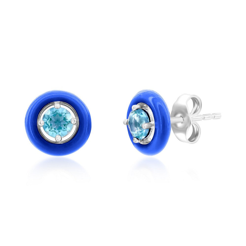 Sterling Silver Enamel & Gemstone Halo Studs - Swiss Blue Topaz Earrings