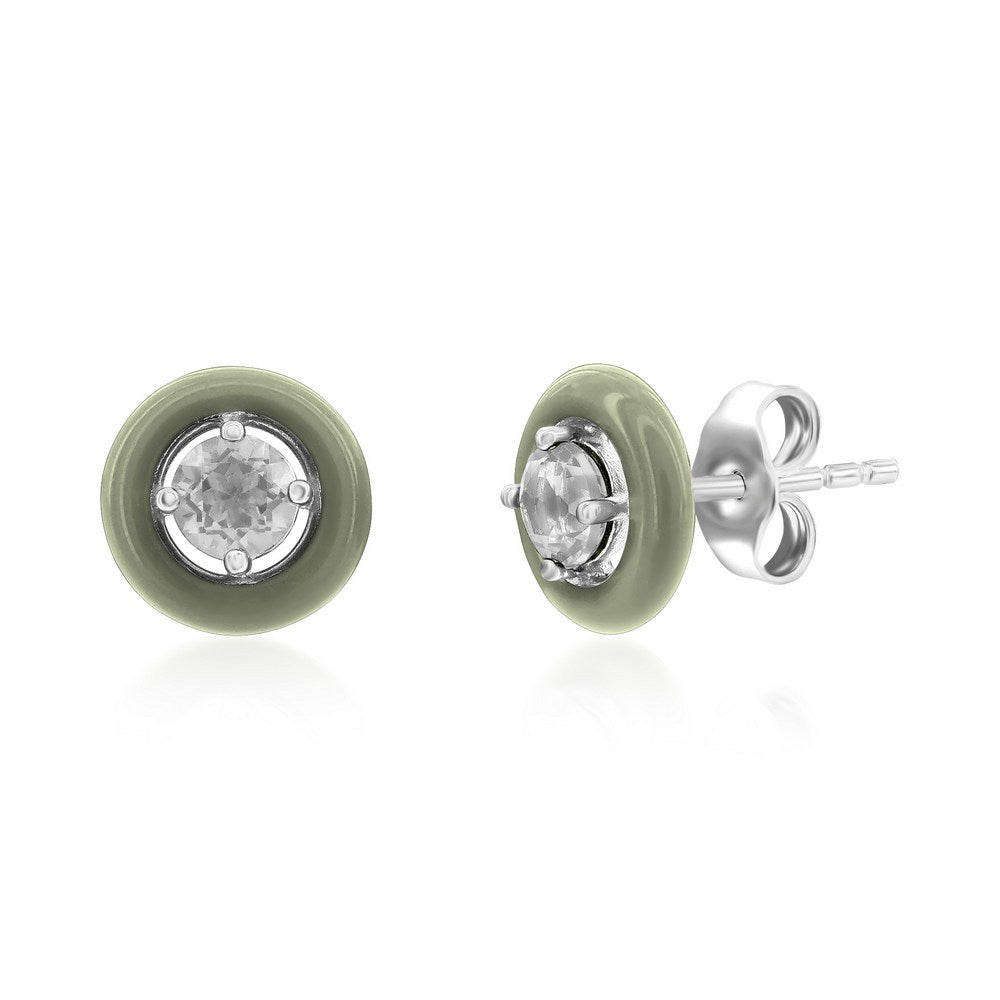 Sterling Silver Enamel & Gemstone Halo Studs - White Topaz Earrings