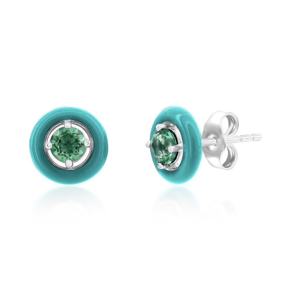 Sterling Silver Enamel & Gemstone Halo Studs - Green Agate Earrings