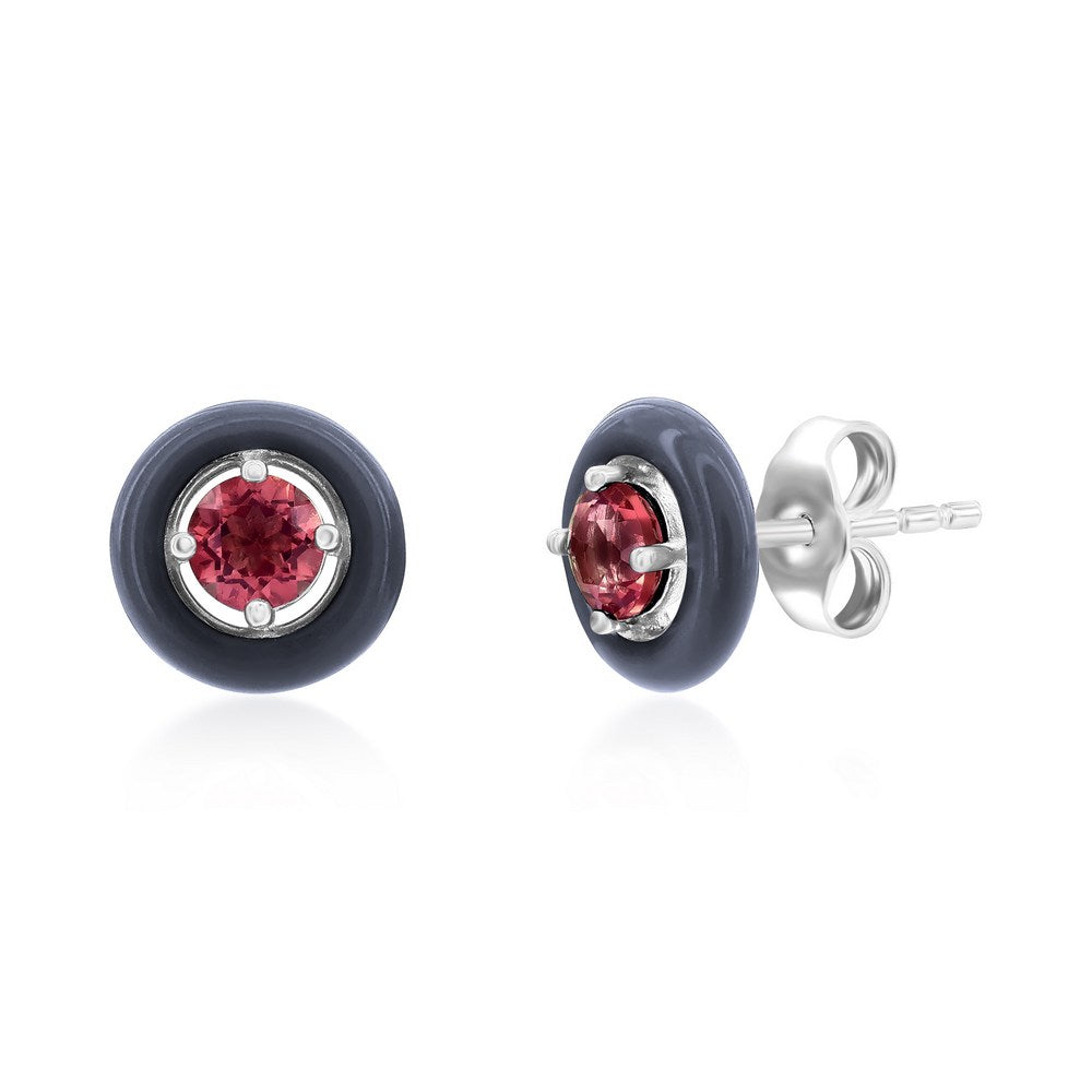 Sterling Silver Enamel & Gemstone Halo Studs - Red Agate Earrings