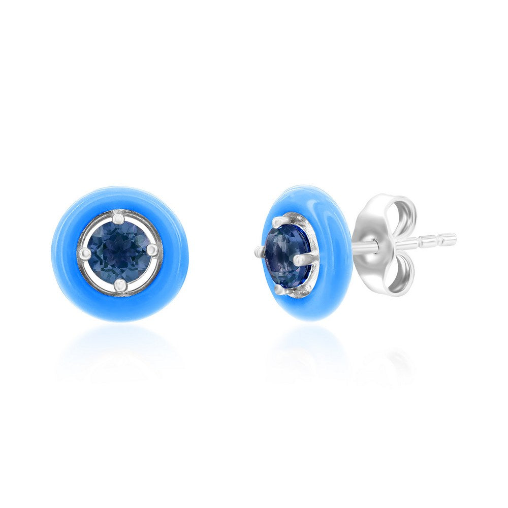 Sterling Silver Enamel & Gemstone Halo Studs - London Blue Topaz Earrings