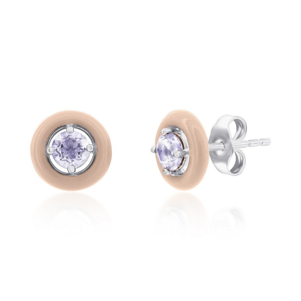 Sterling Silver Enamel & Gemstone Halo Studs - Pink Crystal Earrings