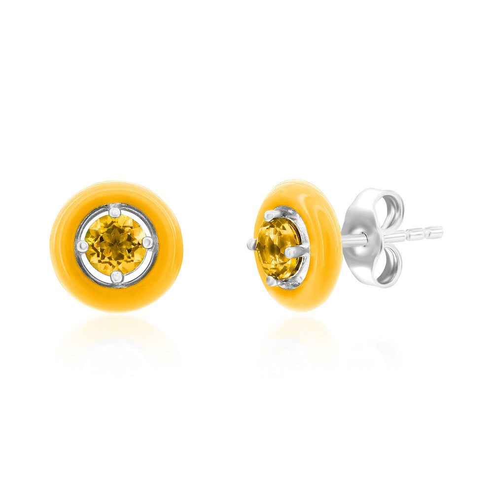 Sterling Silver Enamel & Gemstone Halo Studs - Citrine Earrings