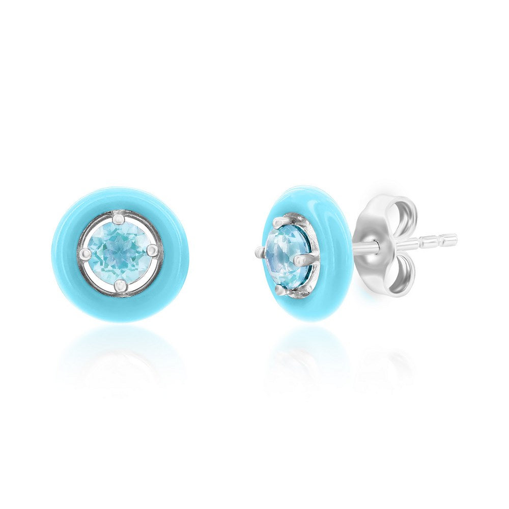 Sterling Silver Enamel & Gemstone Halo Studs - Sky Blue Topaz Earrings