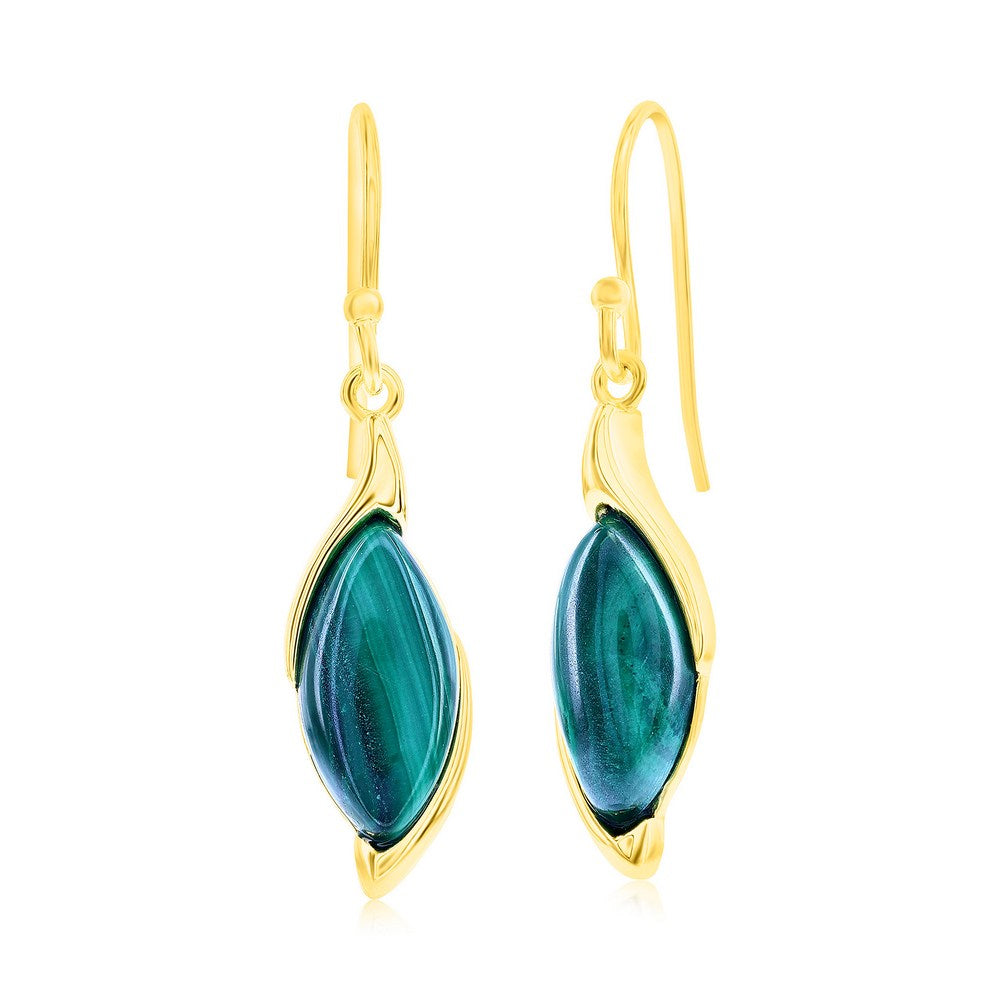 Sterling Silver, Marquise Malachite Earrings - Gold Plated Earrings