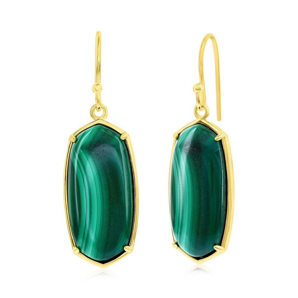 Sterling Silver Long Hexagon Malachite Dangle Earrings - Gold Plated Earrings