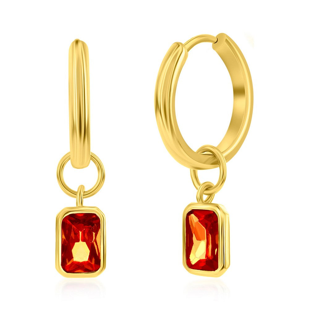 Sterling Silver, 'July' Rectangle CZ Charm Hoop, Gold Plated Earrings - Ruby Earrings