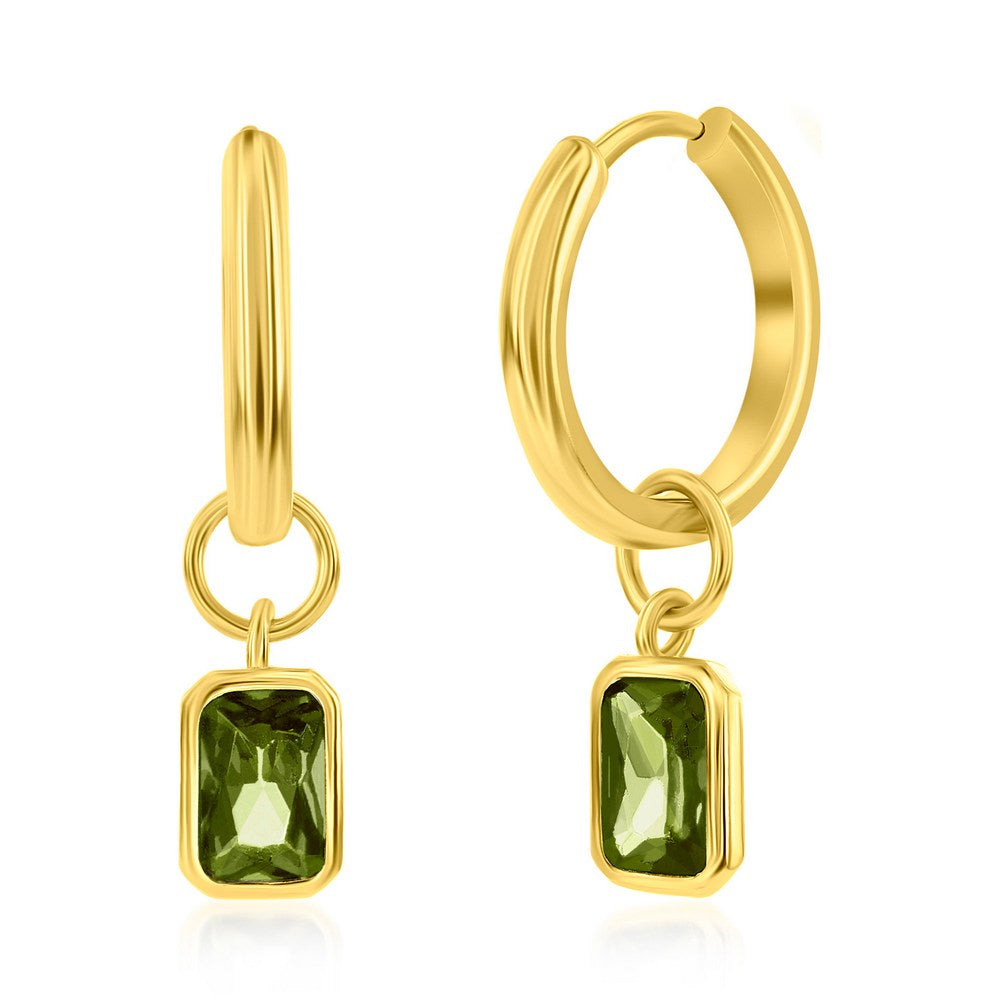 Sterling Silver, 'August' Rectangle CZ Charm Hoop, Gold Plated Earrings - Peridot Earrings