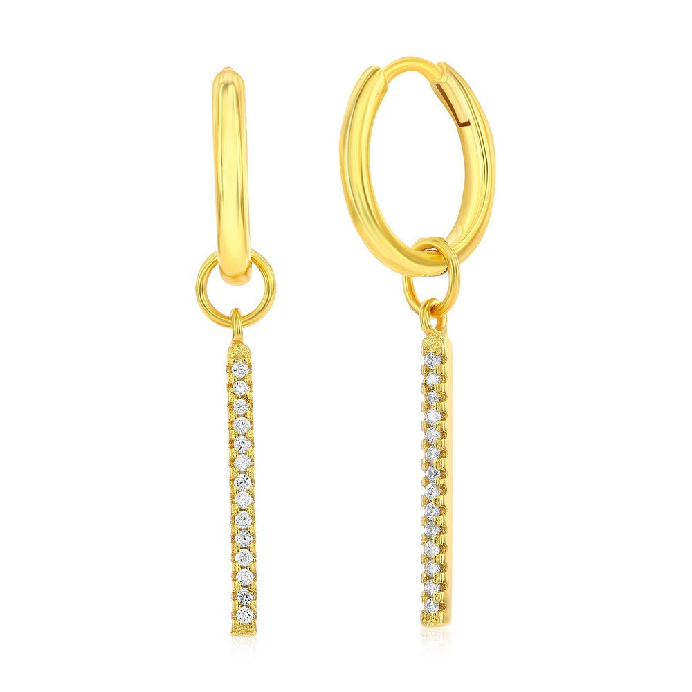 Sterling Silver Vertical Bar CZ Charm Huggie Hoop Earrings - Gold Plated Earrings