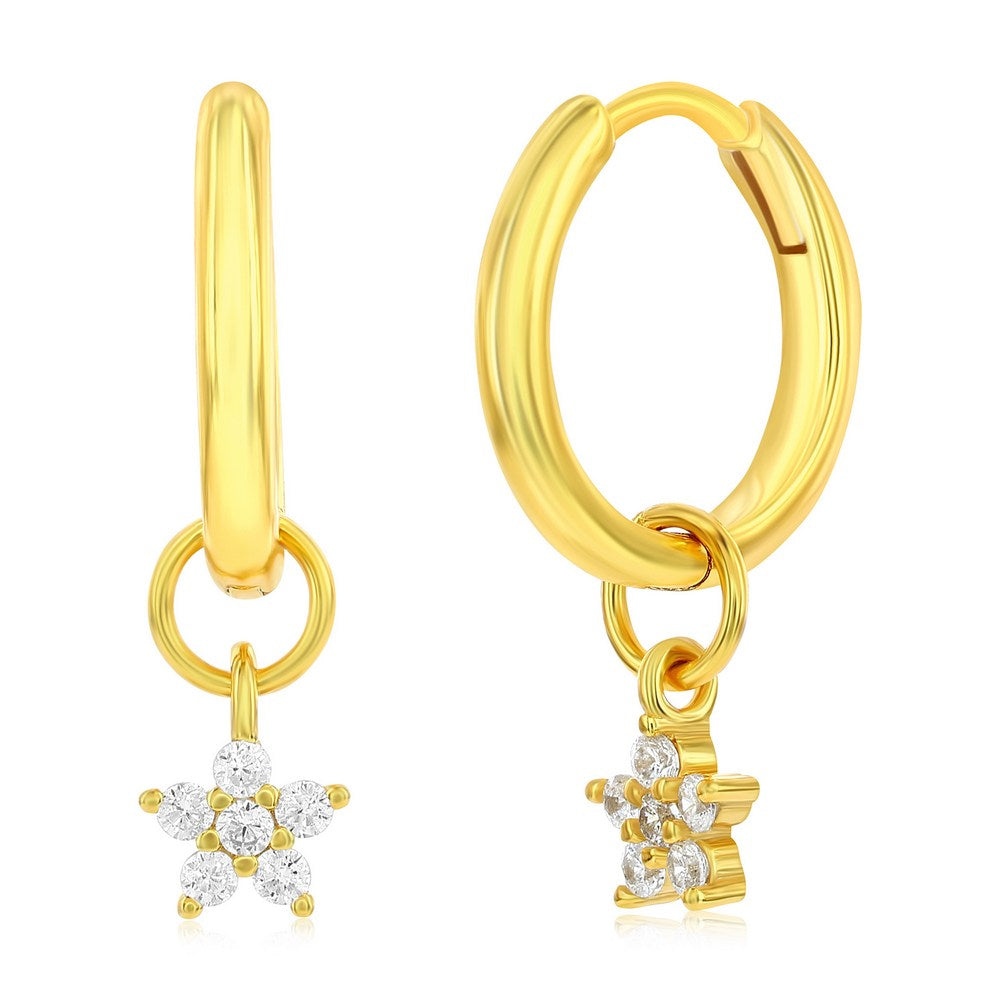 Sterling Silver Flower CZ Charm Huggie Hoop Earrings - Gold Plated Earrings