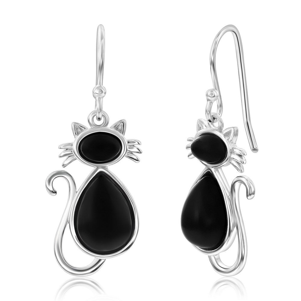 Sterling Silver Onyx Cat Earrings Earrings