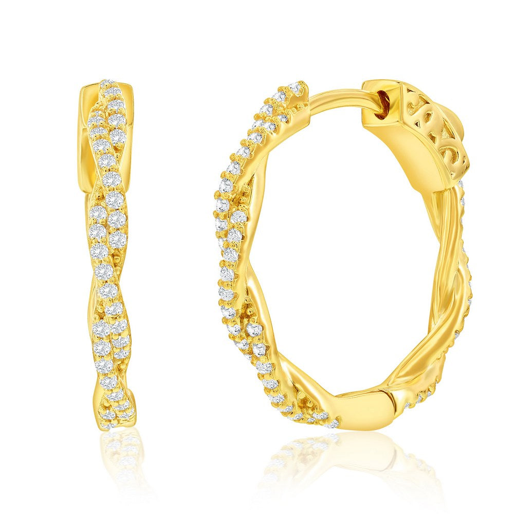 Sterling Silver, 21mm Twisted CZ Hoop Earrings - Gold Plated Earrings