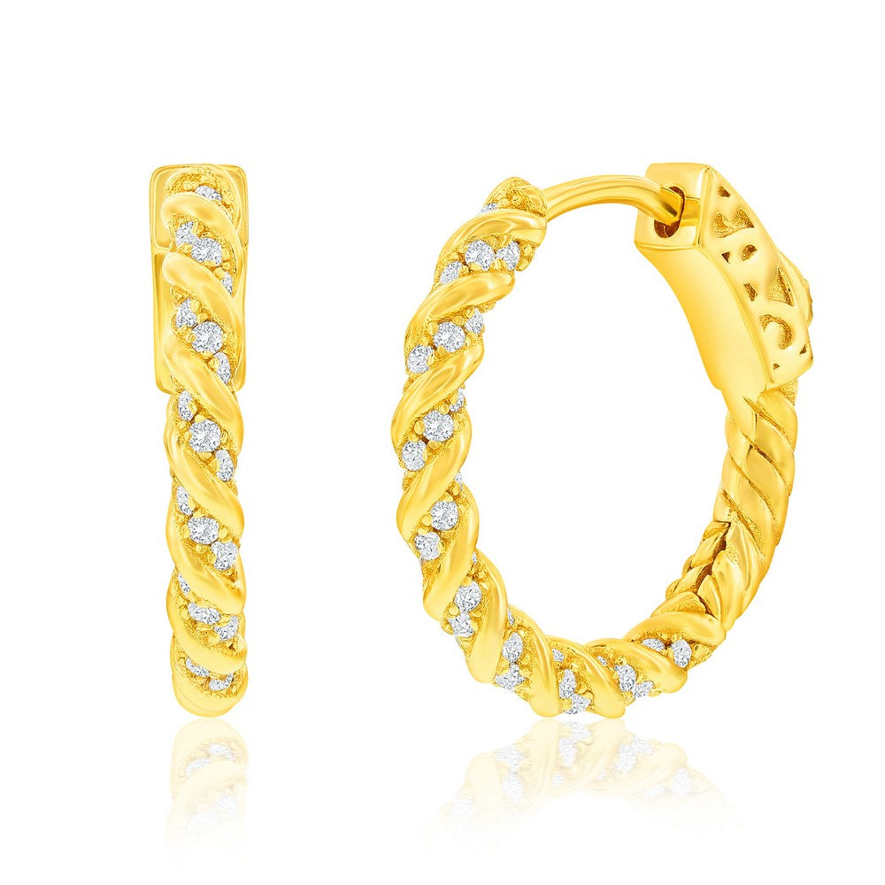 Sterling Silver, 19mm Rope Design CZ Hoop Earrings - Gold Plated Earrings