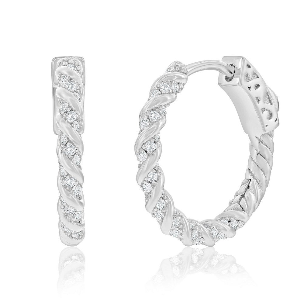 Sterling Silver, 19mm Rope Design CZ Hoop Earrings Earrings