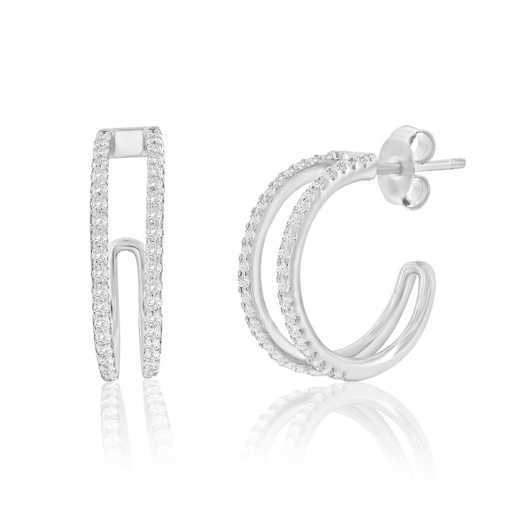 Sterling Silver, Double Row CZ Earrings Earrings