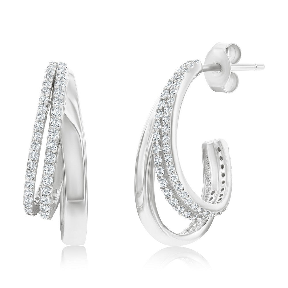 Sterling Silver, Triple Row CZ & Polished Half Hoop Earrings Earrings